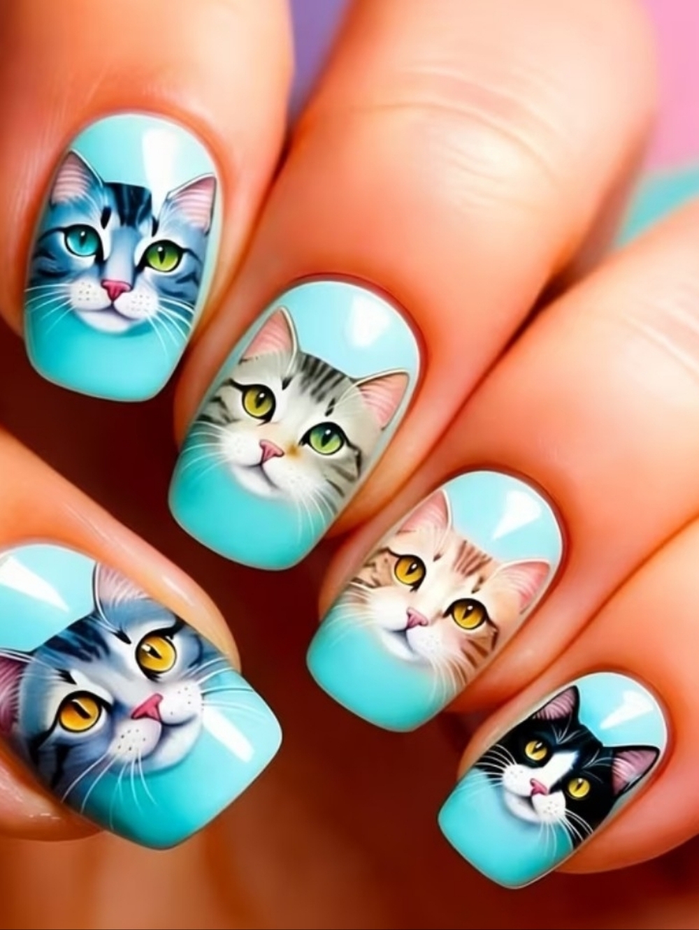 Blue Cat Press On Nails Cute Kawaii Short Square Glossy Nail Set